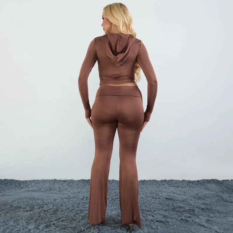 Stylish Hooded Zipper Top and Bell Bottom Pants Two-Piece Set