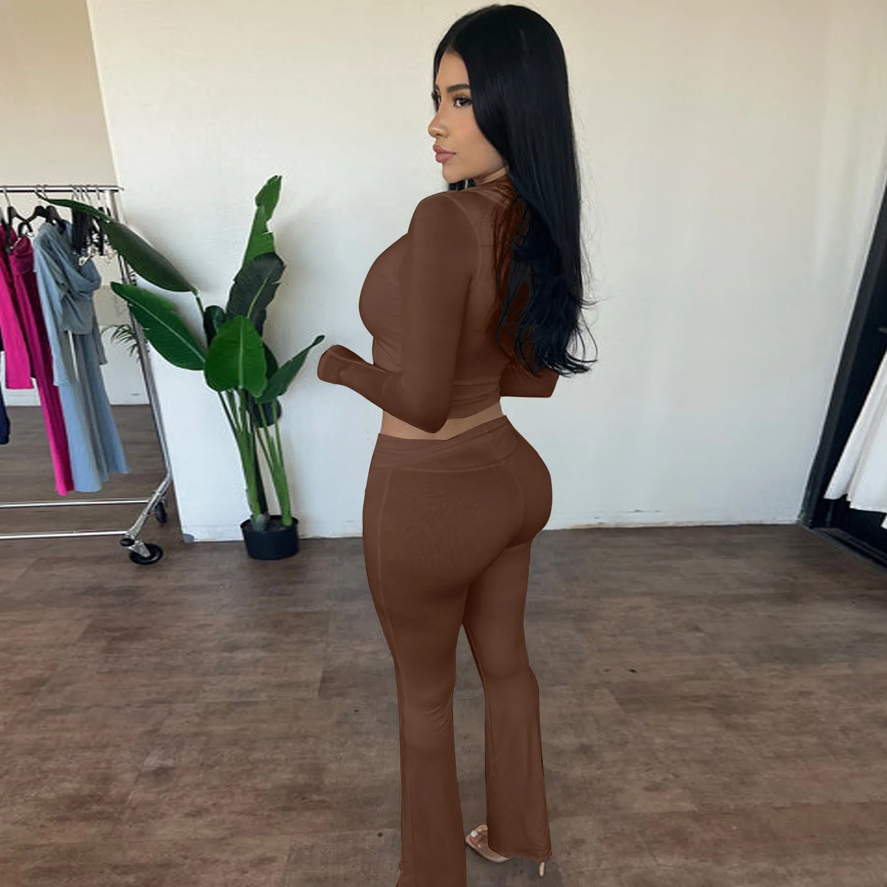 Stylish Hooded Zipper Top and Bell Bottom Pants Two-Piece Set