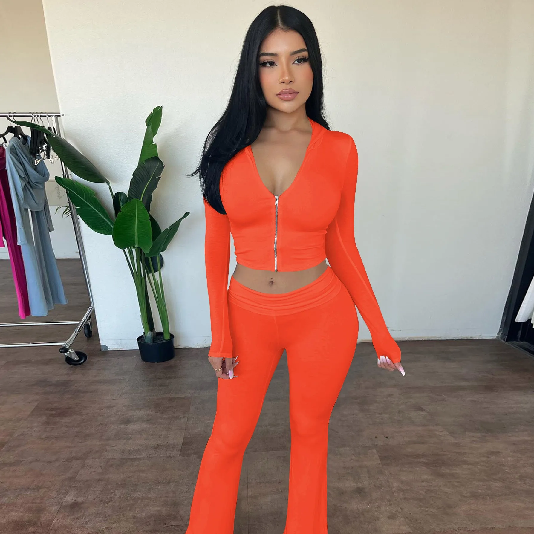 Stylish Hooded Zipper Top and Bell Bottom Pants Two-Piece Set