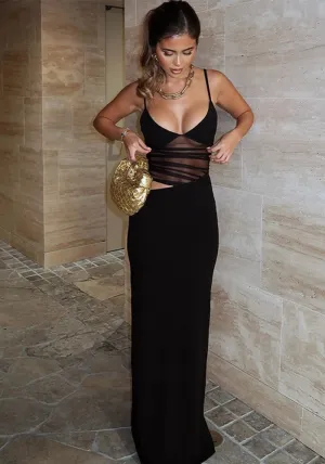 Sultry Mesh Cutout Sleeveless Strappy Maxi Dress
