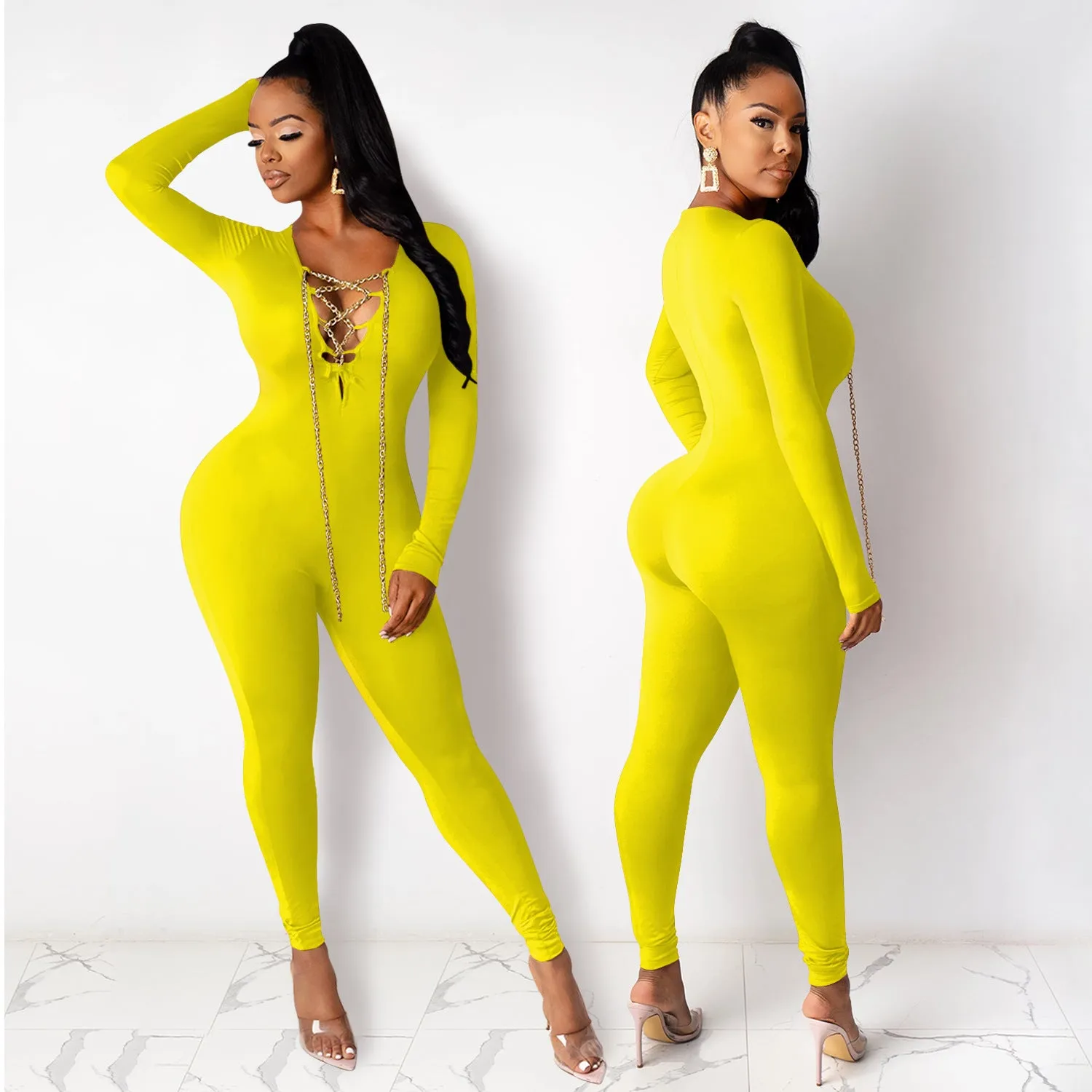 Sultry V-Neck Chain Lace-Up Long Sleeve Jumpsuit for Bold Elegance