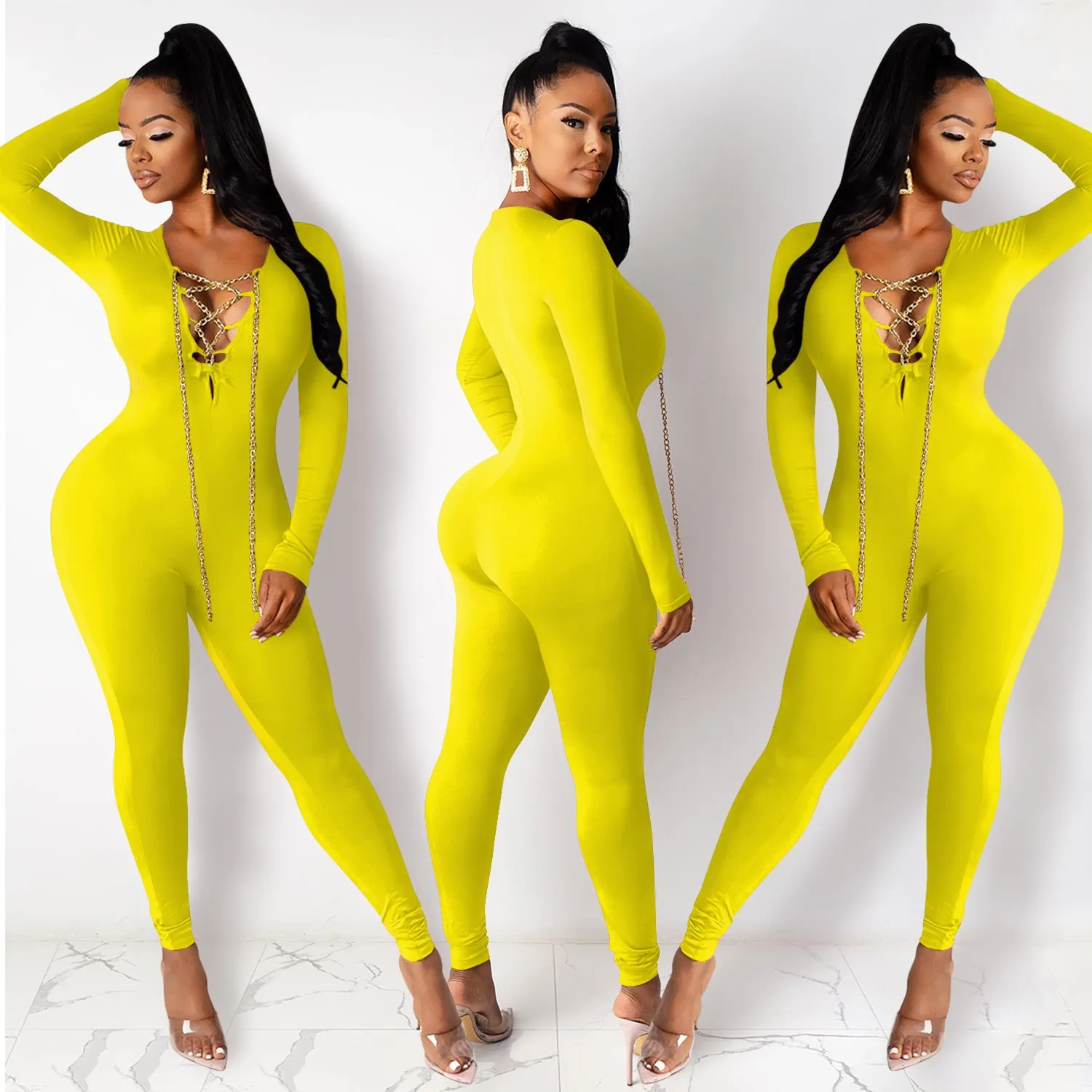 Sultry V-Neck Chain Lace-Up Long Sleeve Jumpsuit for Bold Elegance