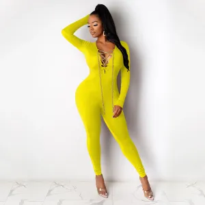 Sultry V-Neck Chain Lace-Up Long Sleeve Jumpsuit for Bold Elegance