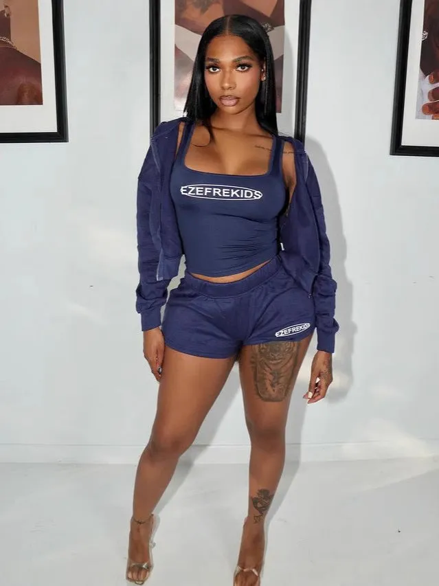 Trendy Three-Piece Set with Hooded Zipper Jacket, Tank Top, and Shorts