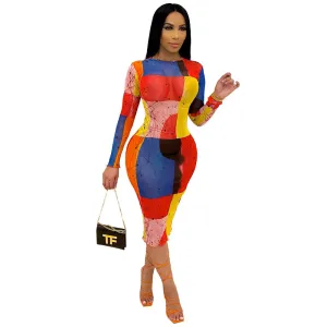 Vibrant Abstract Long-Sleeve Printed Midi Dress for Bold Fashion Lovers