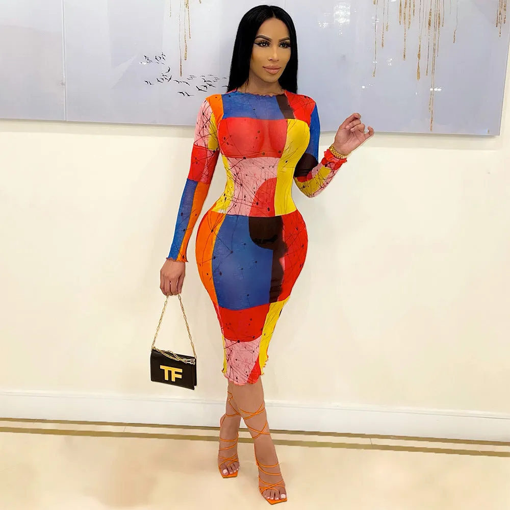Vibrant Abstract Long-Sleeve Printed Midi Dress for Bold Fashion Lovers
