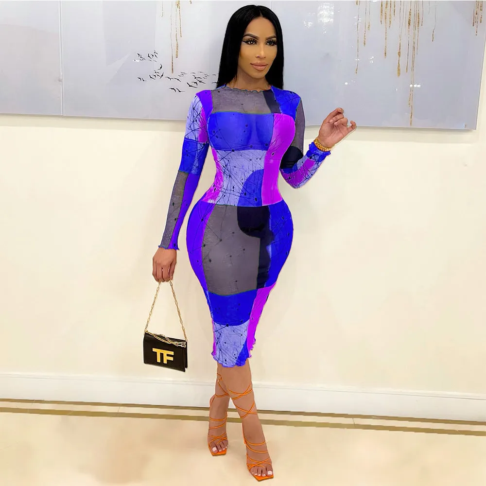 Vibrant Abstract Long-Sleeve Printed Midi Dress for Bold Fashion Lovers