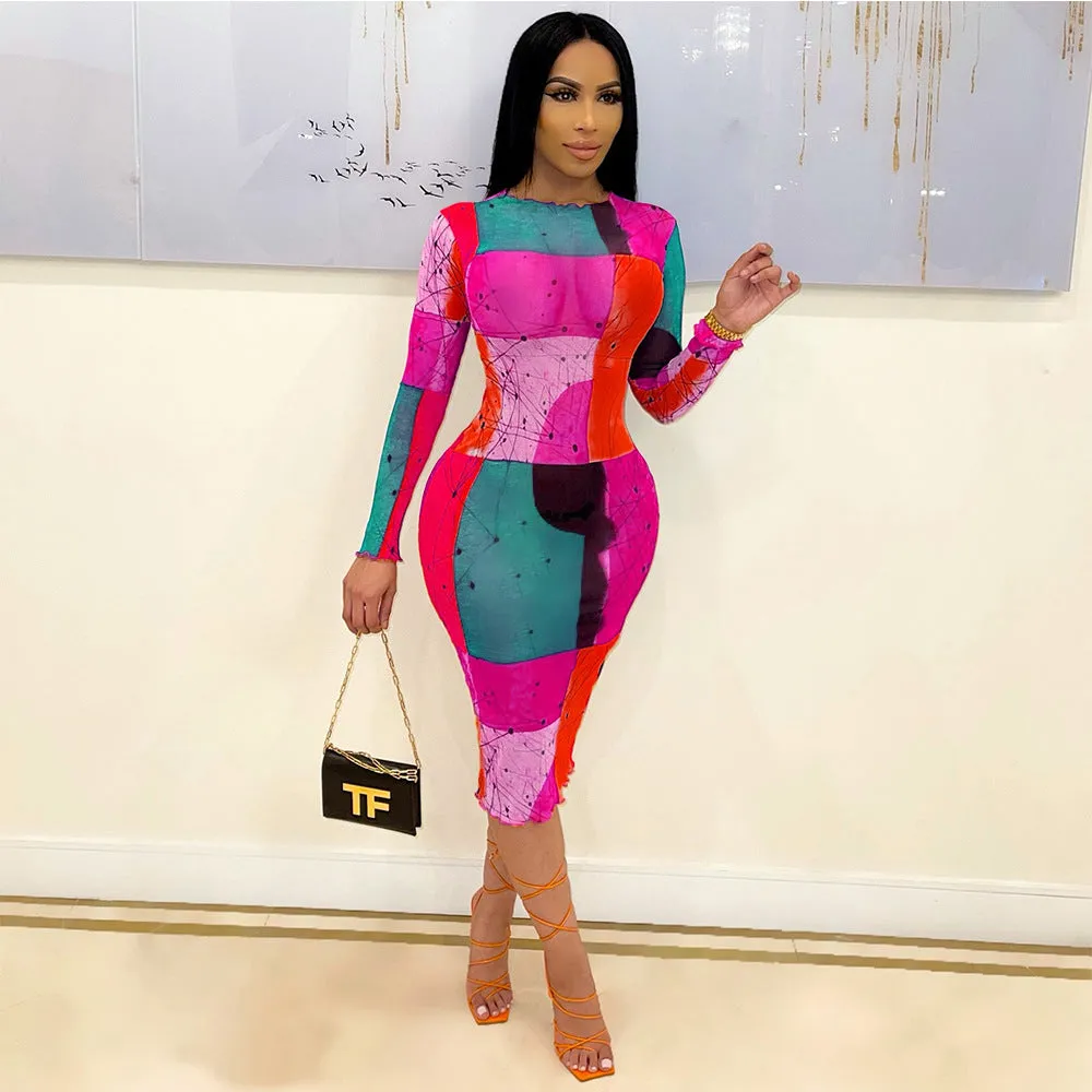 Vibrant Abstract Long-Sleeve Printed Midi Dress for Bold Fashion Lovers
