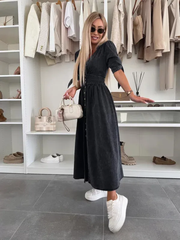 Vintage-Inspired Button-Up Denim Midi Dress with Puff Sleeves