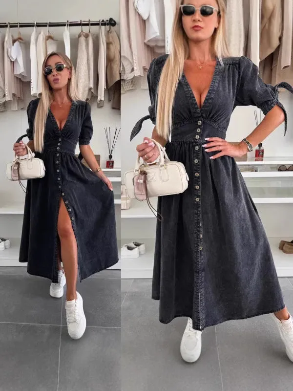 Vintage-Inspired Button-Up Denim Midi Dress with Puff Sleeves