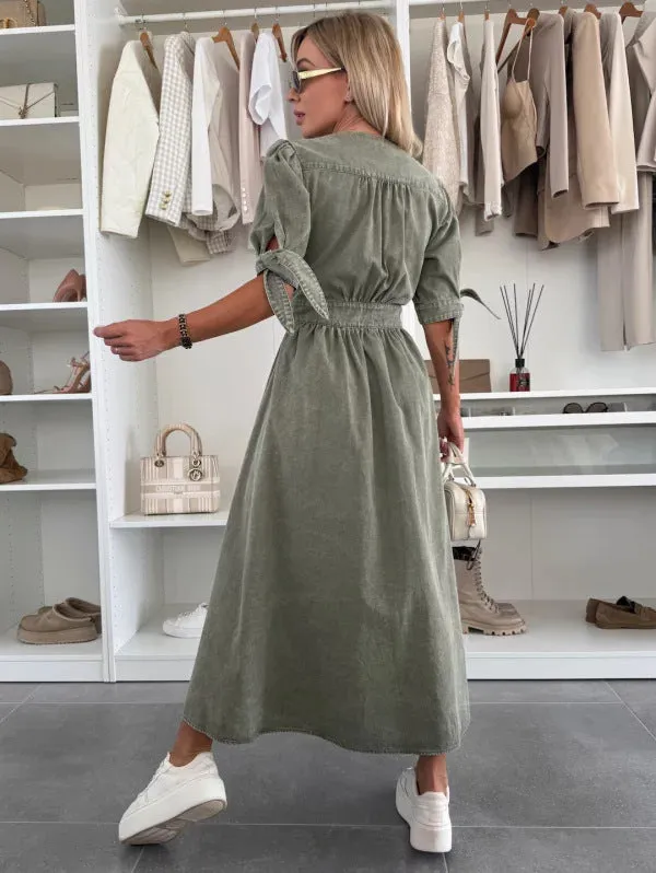 Vintage-Inspired Button-Up Denim Midi Dress with Puff Sleeves