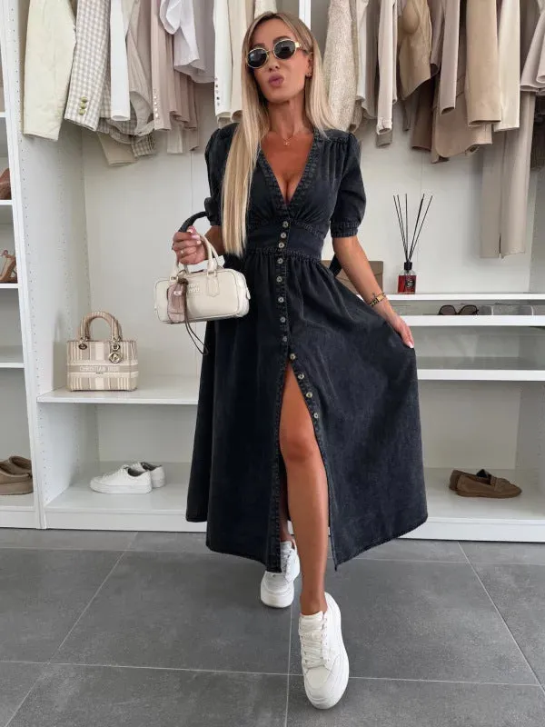 Vintage-Inspired Button-Up Denim Midi Dress with Puff Sleeves