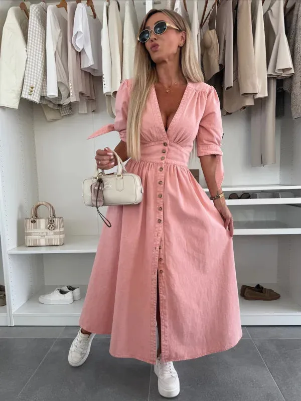 Vintage-Inspired Button-Up Denim Midi Dress with Puff Sleeves