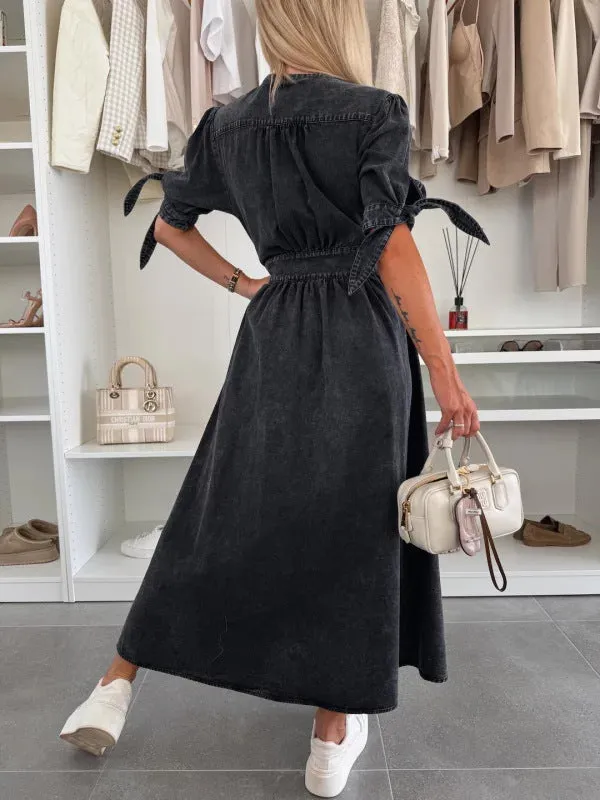 Vintage-Inspired Button-Up Denim Midi Dress with Puff Sleeves