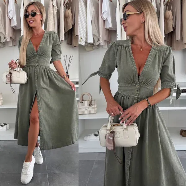 Vintage-Inspired Button-Up Denim Midi Dress with Puff Sleeves