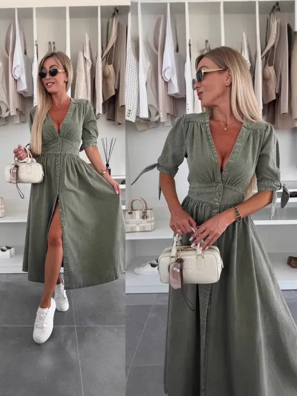 Vintage-Inspired Button-Up Denim Midi Dress with Puff Sleeves