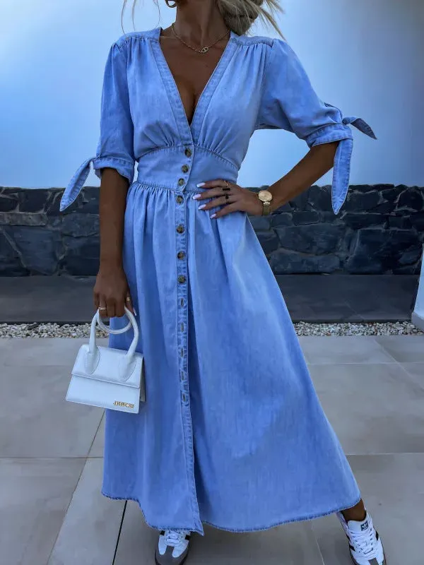 Vintage-Inspired Button-Up Denim Midi Dress with Puff Sleeves