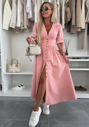 Vintage-Inspired Button-Up Denim Midi Dress with Puff Sleeves