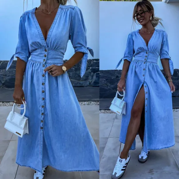 Vintage-Inspired Button-Up Denim Midi Dress with Puff Sleeves