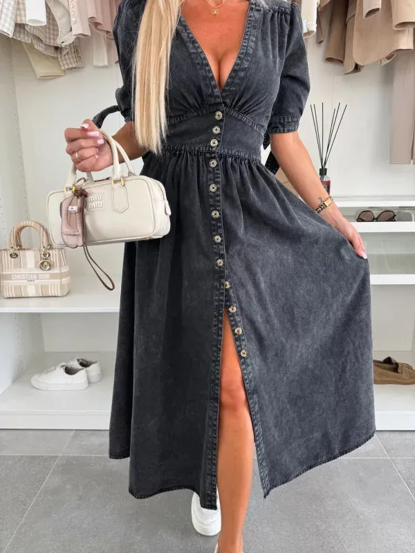 Vintage-Inspired Button-Up Denim Midi Dress with Puff Sleeves