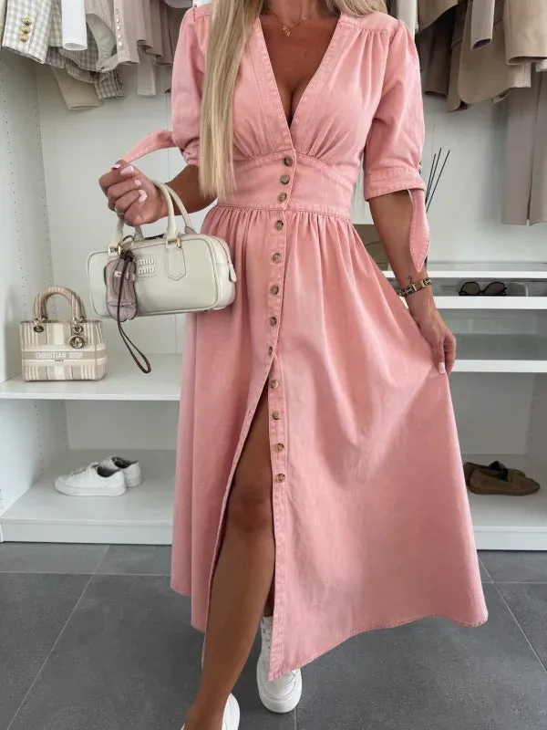 Vintage-Inspired Button-Up Denim Midi Dress with Puff Sleeves