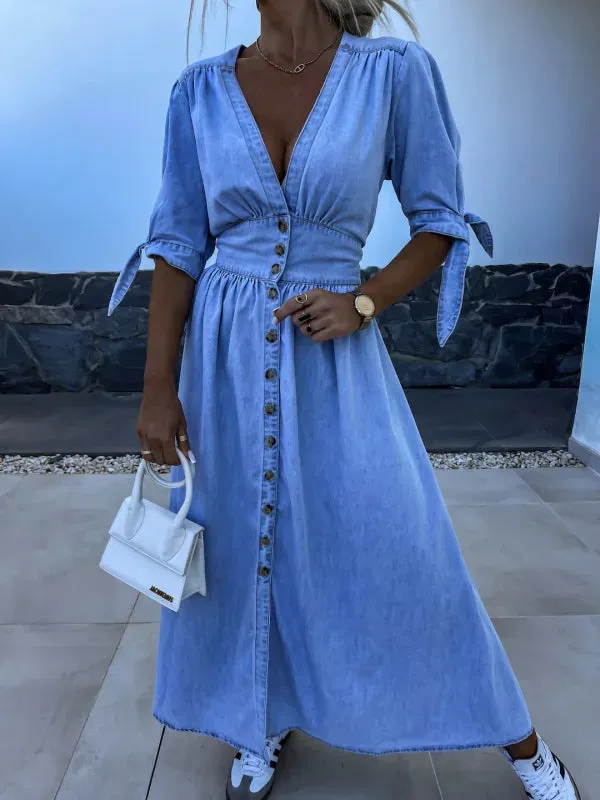 Vintage-Inspired Button-Up Denim Midi Dress with Puff Sleeves