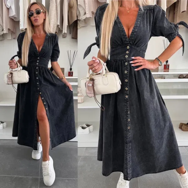 Vintage-Inspired Button-Up Denim Midi Dress with Puff Sleeves