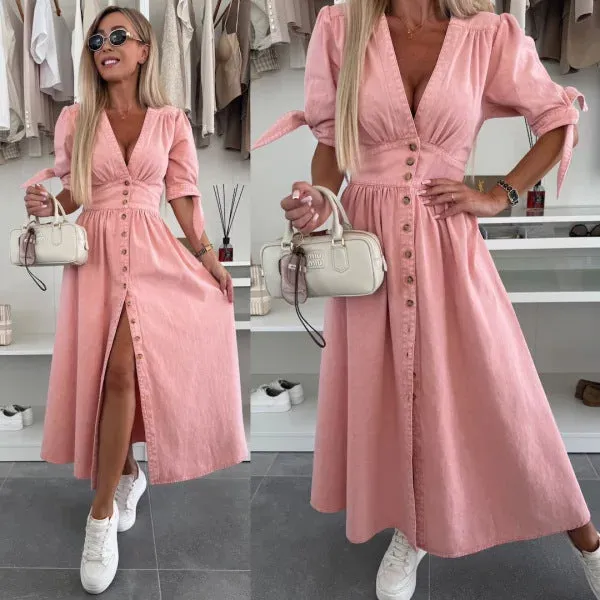 Vintage-Inspired Button-Up Denim Midi Dress with Puff Sleeves