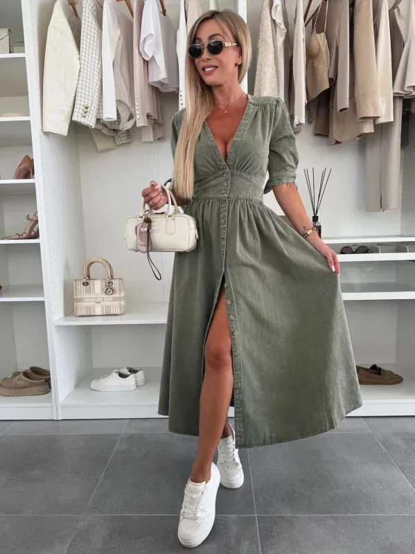 Vintage-Inspired Button-Up Denim Midi Dress with Puff Sleeves