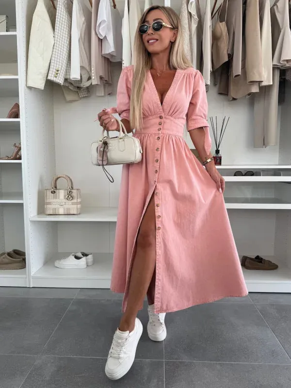 Vintage-Inspired Button-Up Denim Midi Dress with Puff Sleeves