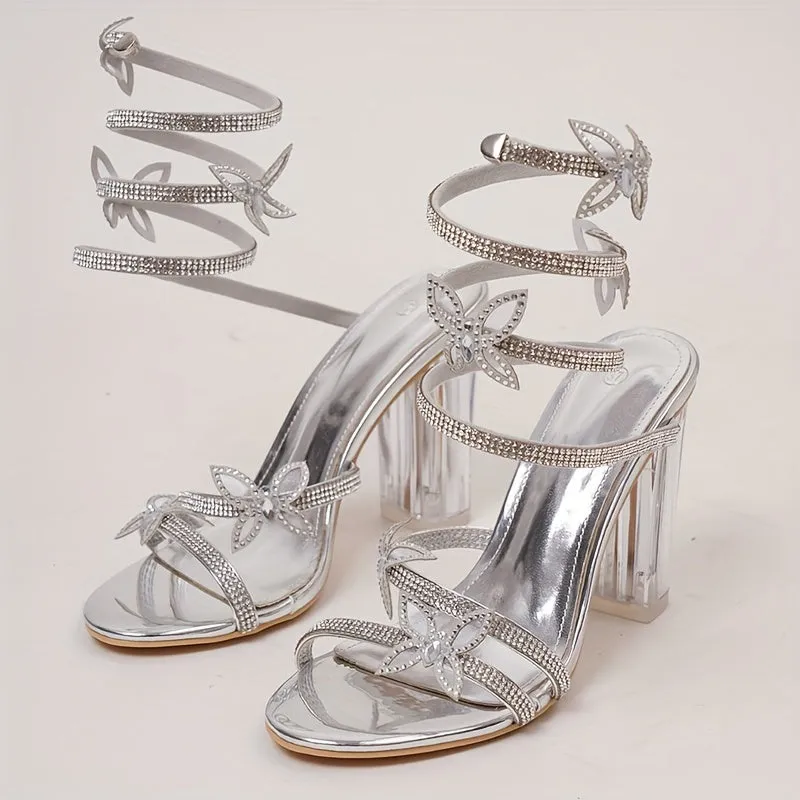 VougeVamp Luxe Snake Wrap Rhinestone High Heels – Transparent Block Heel Sandals