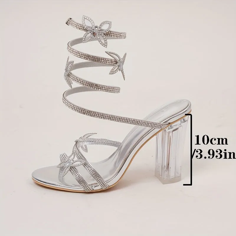 VougeVamp Luxe Snake Wrap Rhinestone High Heels – Transparent Block Heel Sandals