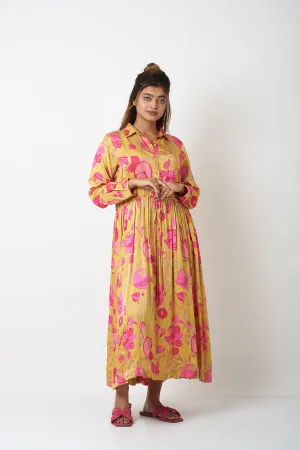 WAIST GATHER COLLAR DRESS - YELLOW