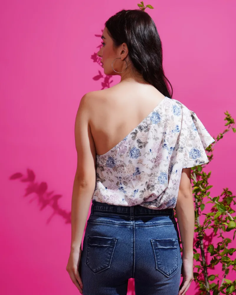 White flora one-shoulder stunner top