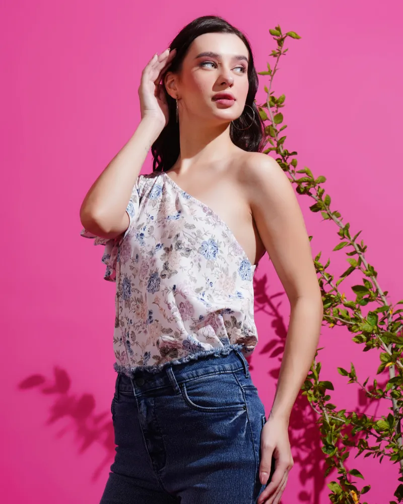 White flora one-shoulder stunner top