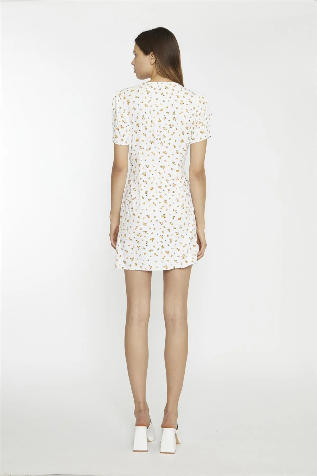 White Orange Ditsy V-Neck Button Down Mini-Dress