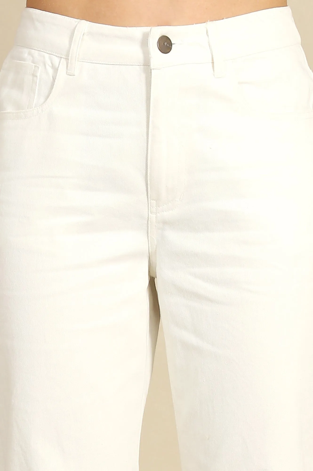 White Solid Pure Cotton Straight Pants