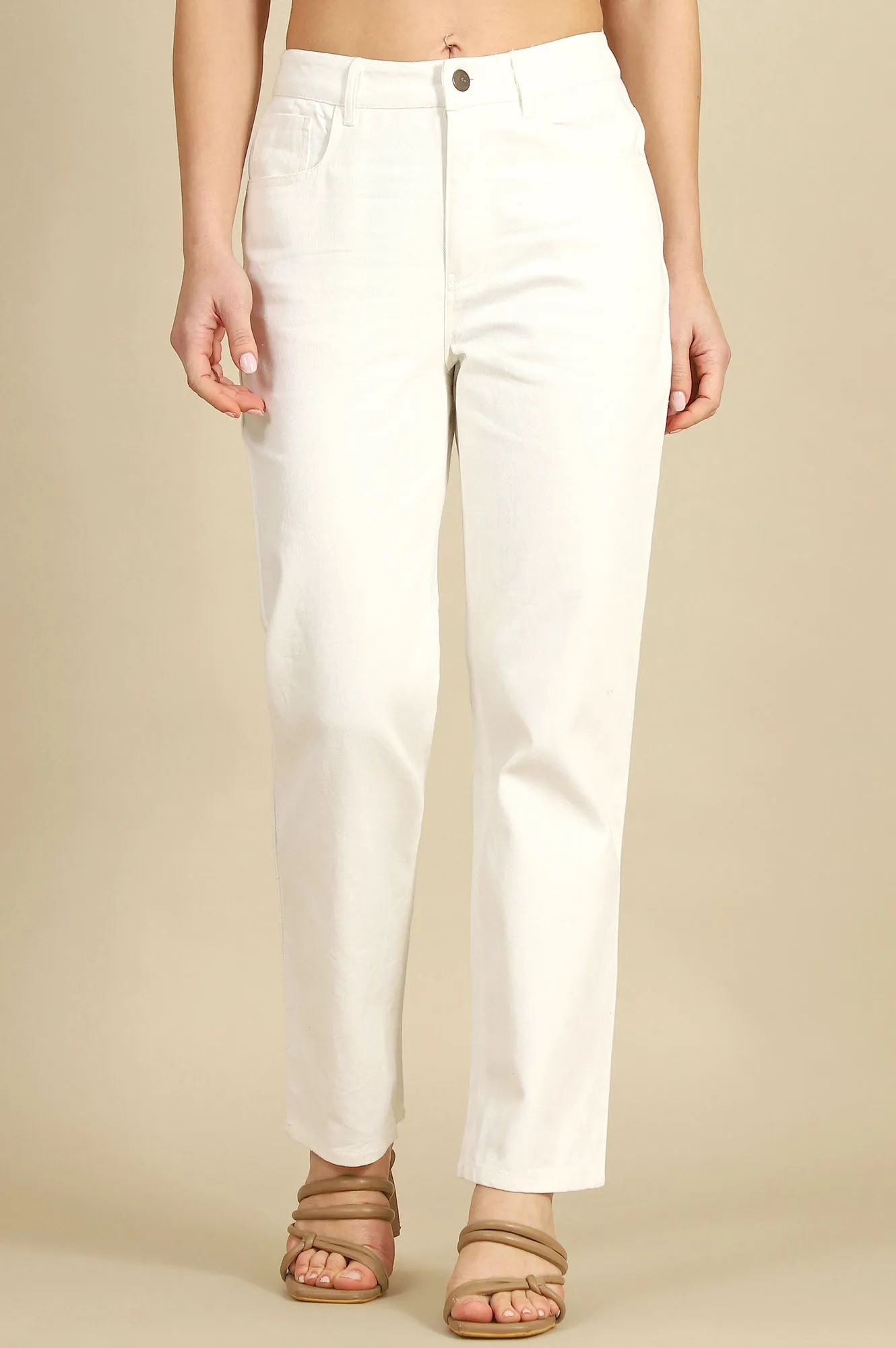 White Solid Pure Cotton Straight Pants