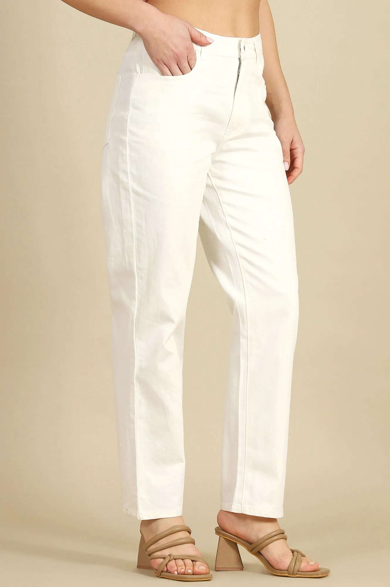 White Solid Pure Cotton Straight Pants