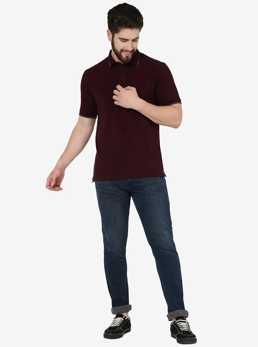 Wine Solid Slim Fit Polo T-Shirt | JadeBlue