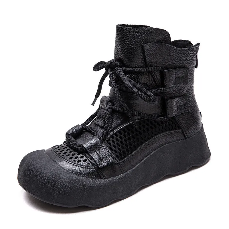 Women Plain Soft Leather Breathable Mesh Boots