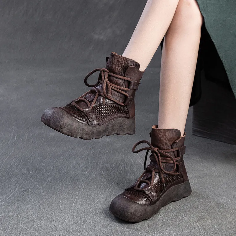 Women Plain Soft Leather Breathable Mesh Boots