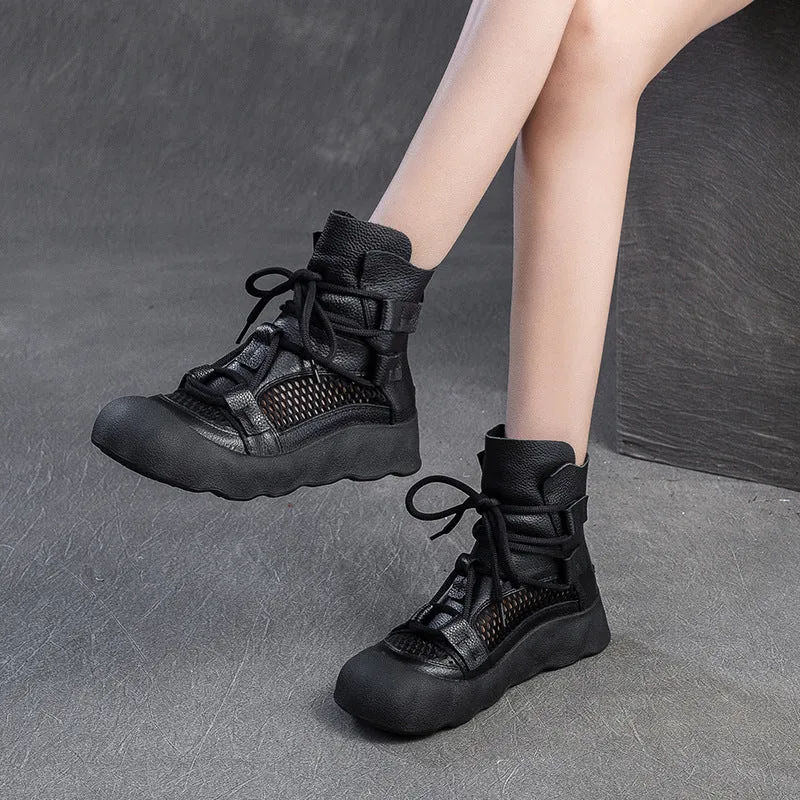 Women Plain Soft Leather Breathable Mesh Boots