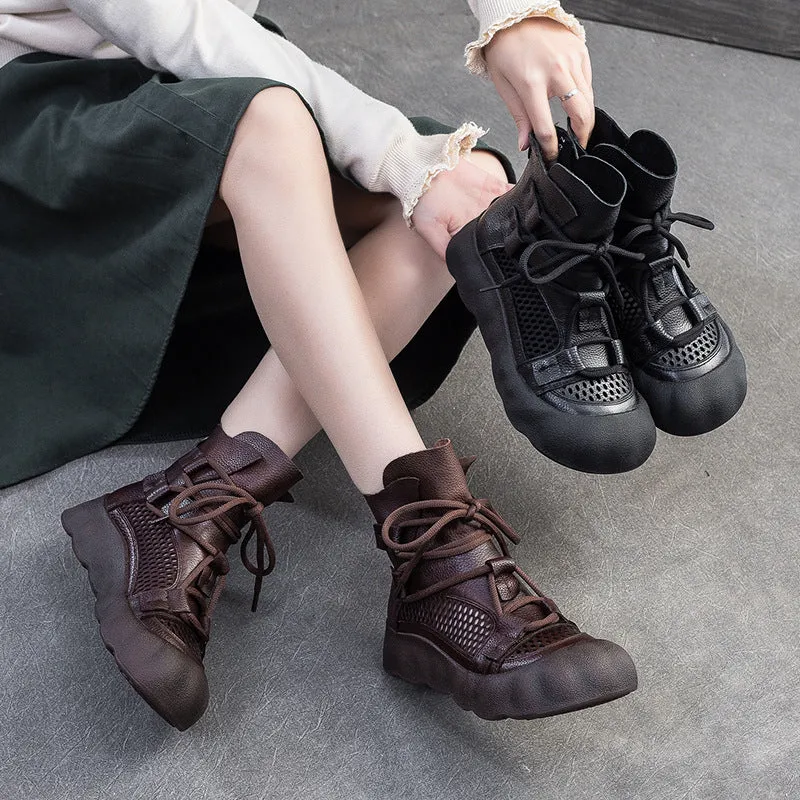 Women Plain Soft Leather Breathable Mesh Boots