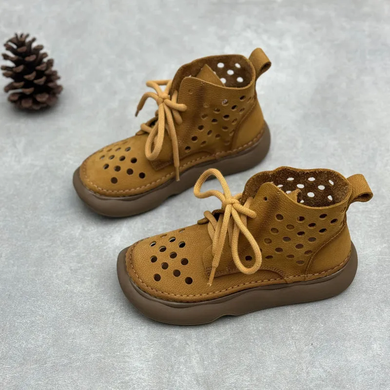 Women Retro Handmade Leather Lace-Up Hollow Out Breathable Boots