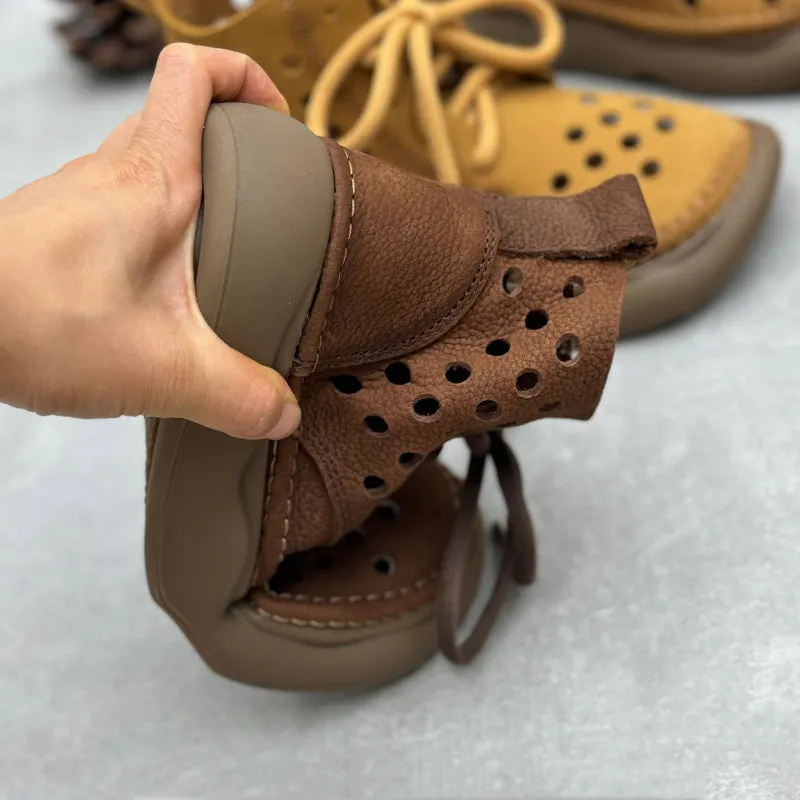 Women Retro Handmade Leather Lace-Up Hollow Out Breathable Boots