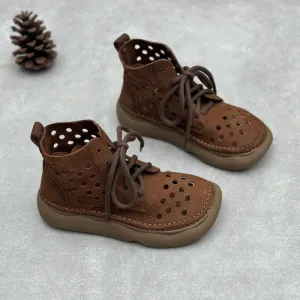 Women Retro Handmade Leather Lace-Up Hollow Out Breathable Boots