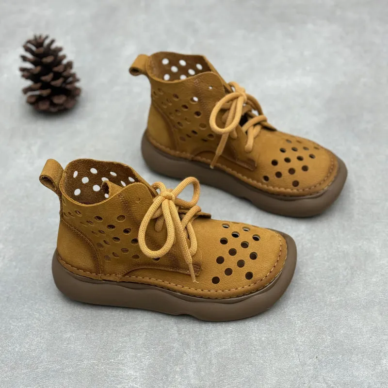 Women Retro Handmade Leather Lace-Up Hollow Out Breathable Boots
