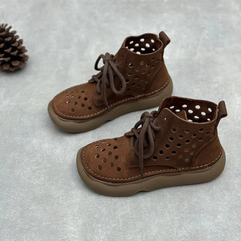 Women Retro Handmade Leather Lace-Up Hollow Out Breathable Boots