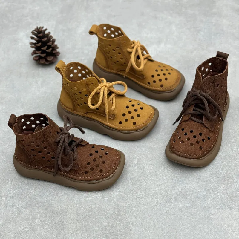 Women Retro Handmade Leather Lace-Up Hollow Out Breathable Boots